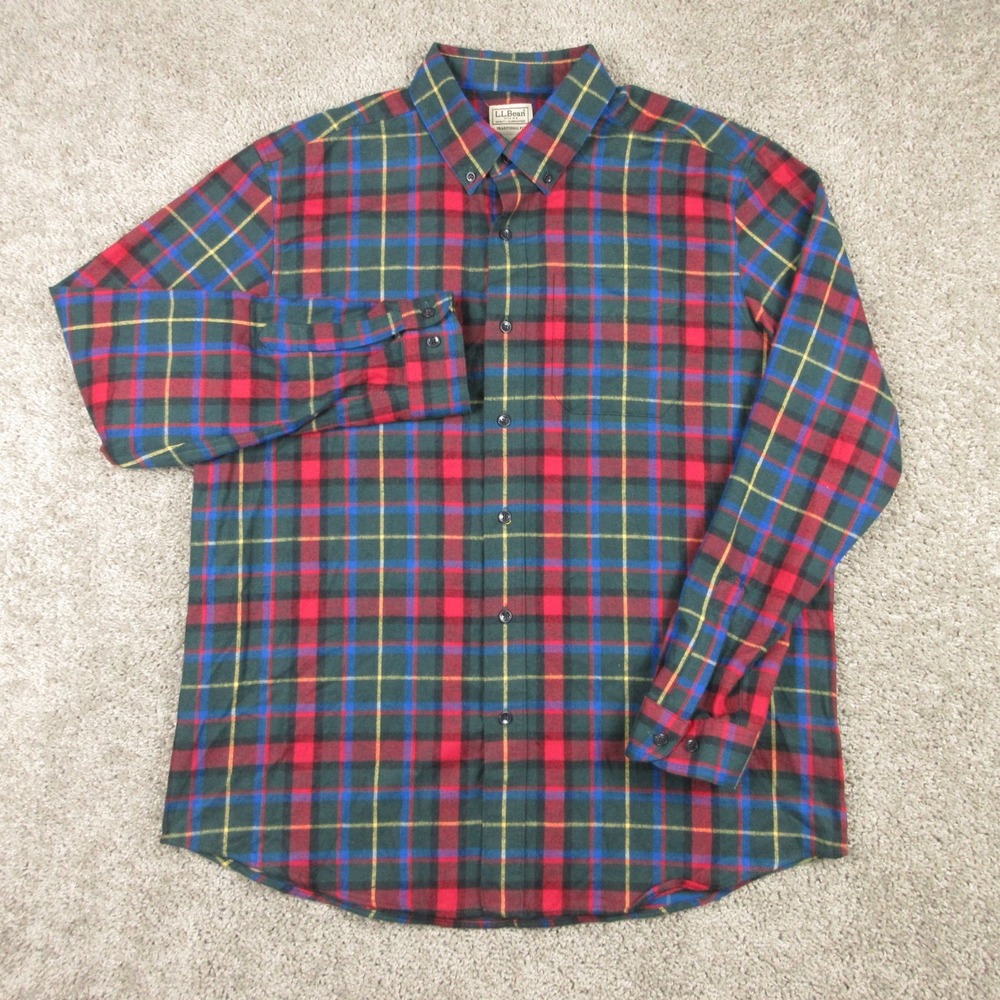 LL Bean Shirt Mens Large Green Plaid Colorful Twill Flannel Scotch Button Up